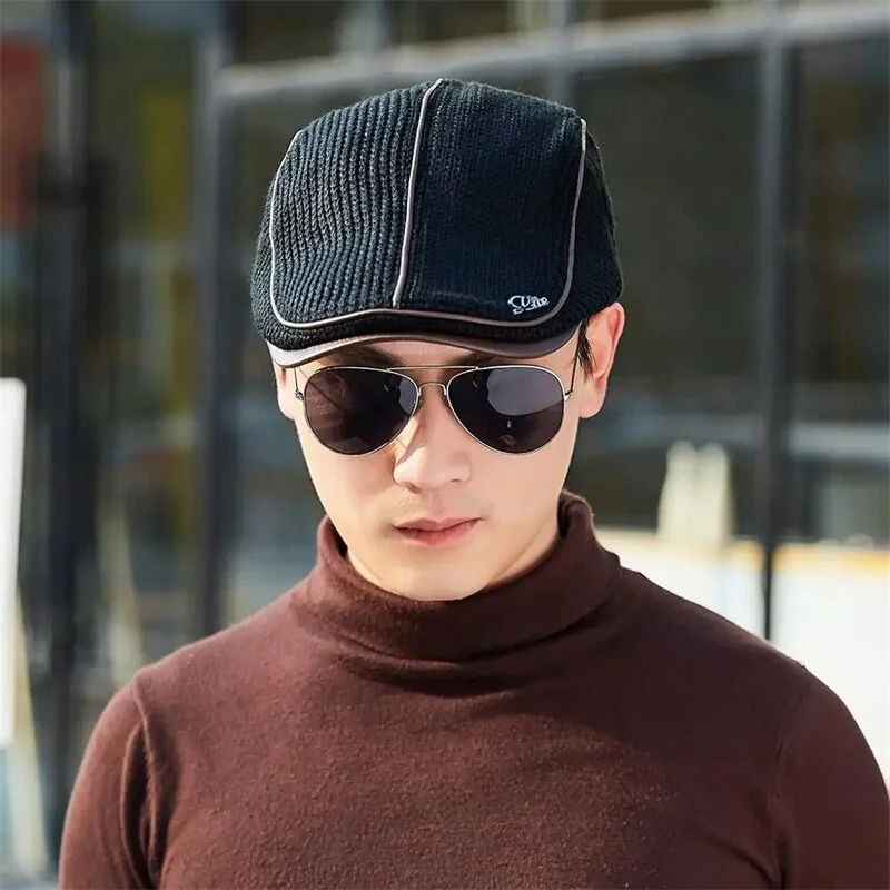(image for) Collrown Knitted Berets Patchwork Leather Brim Men Flat Cap Retro Visor Hat Autumn Winter Warmer Casual Crochet Hat Forward Cap